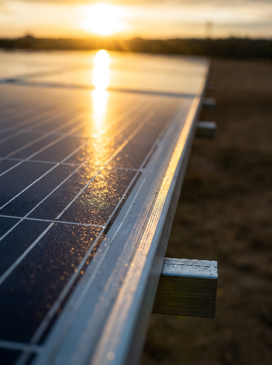 Painéis solares ao amanhecer com sol radiante — Fhenix Solution
